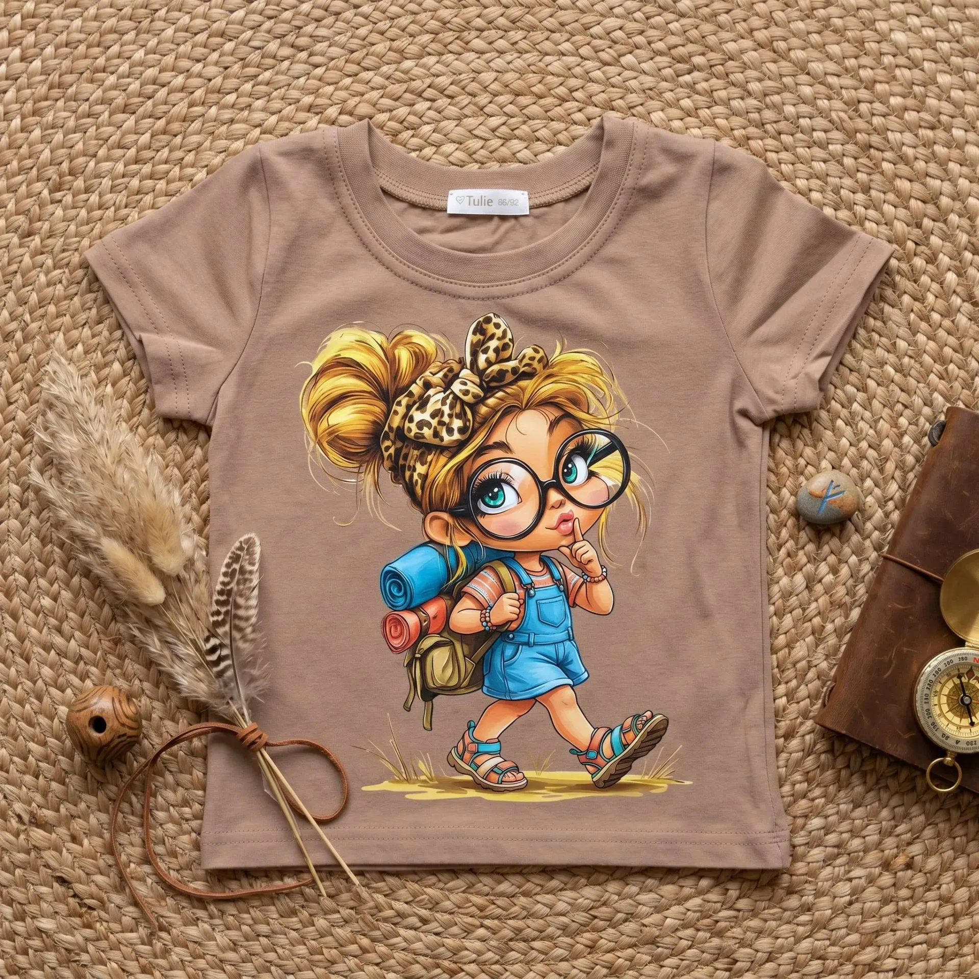 Girls T-shirt with adventure girl print – beige