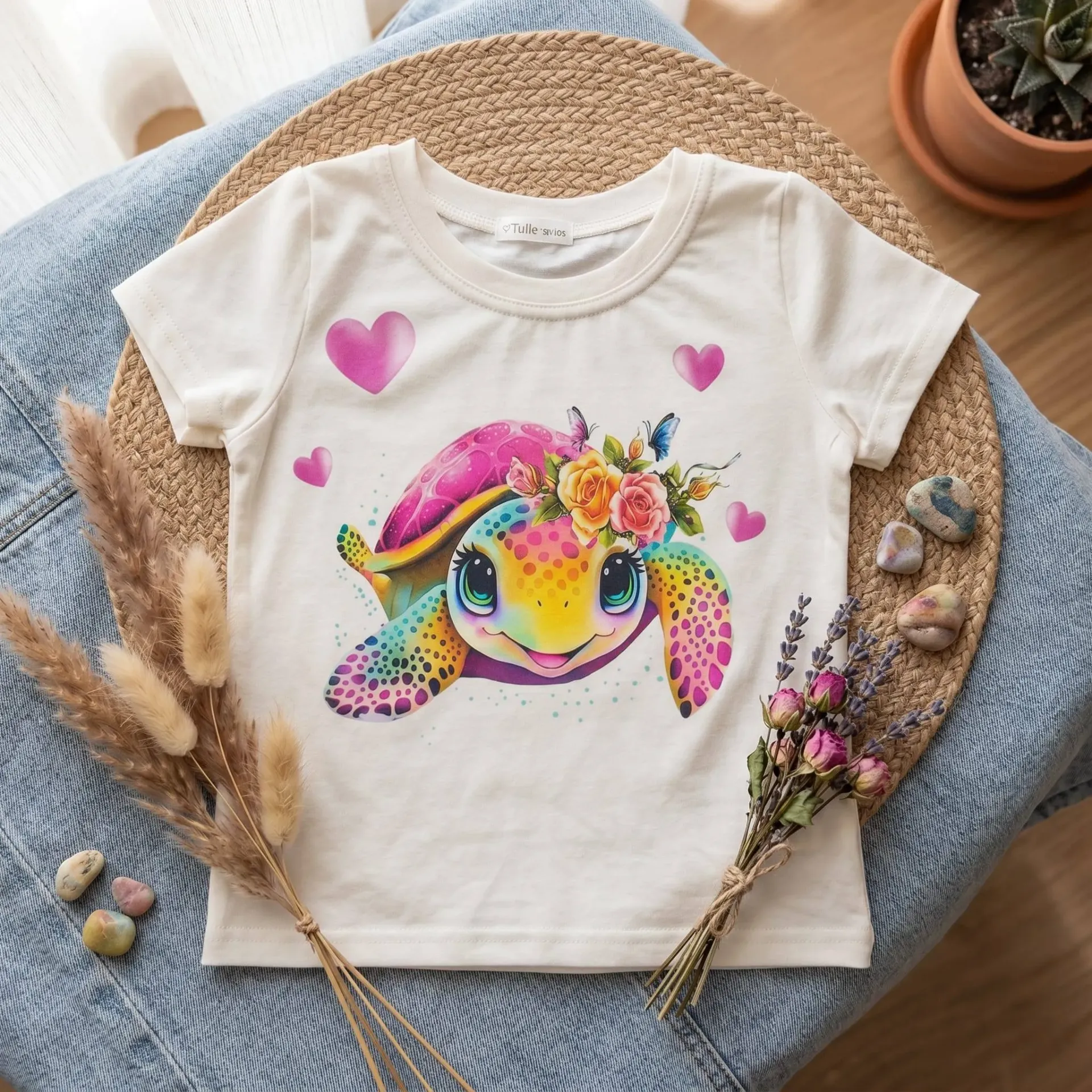 Meisjes T-shirt met kleurrijke schildpad en hartjes – ecru