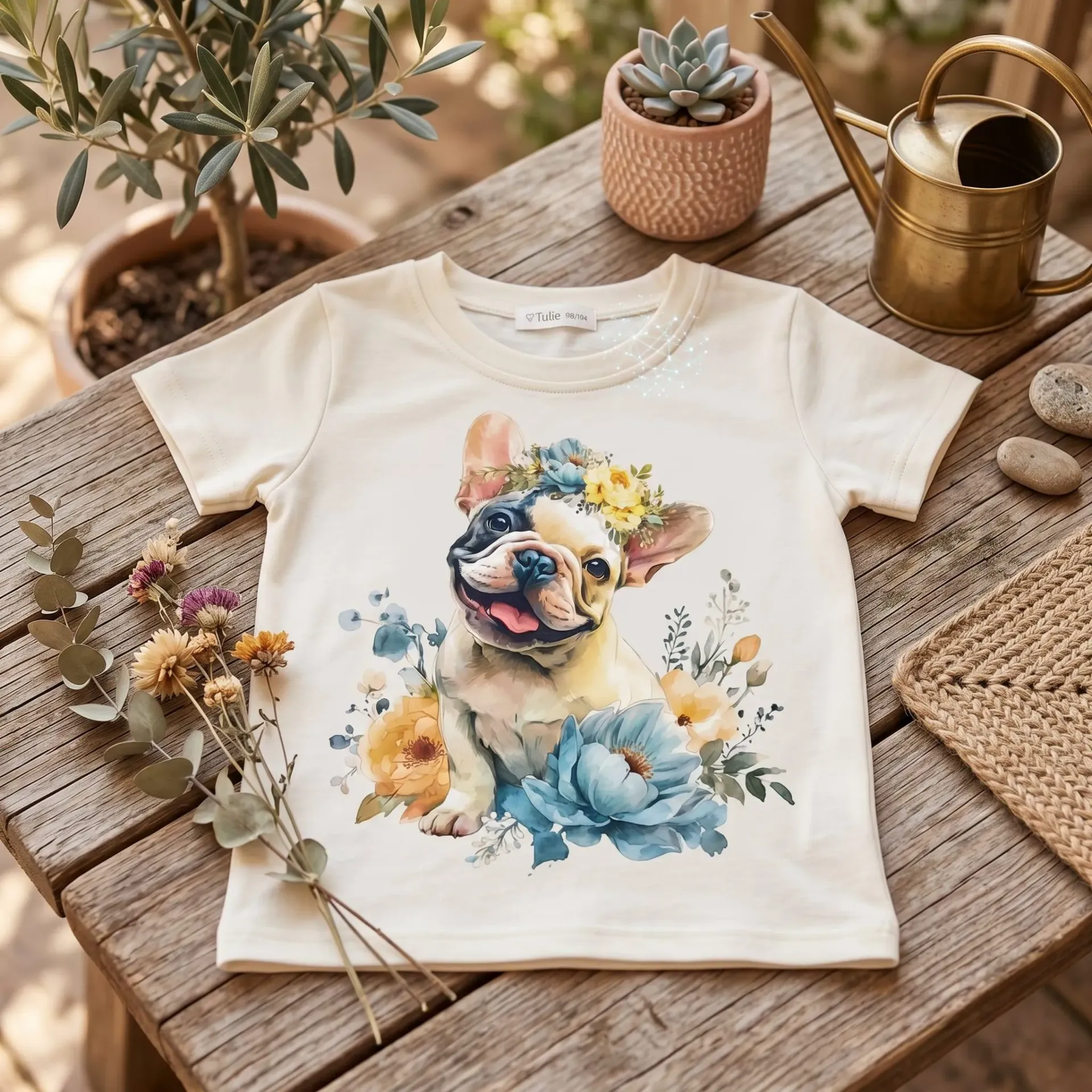 Girls T-shirt with bulldog and floral print – ecru