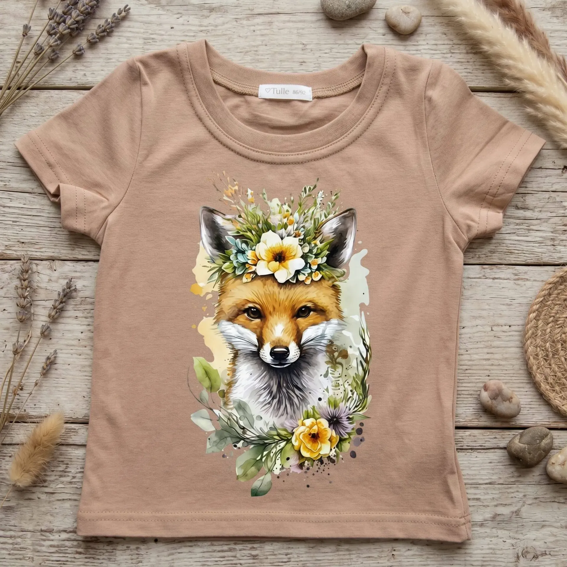 Girls T-shirt with fox and floral print – beige – cotton