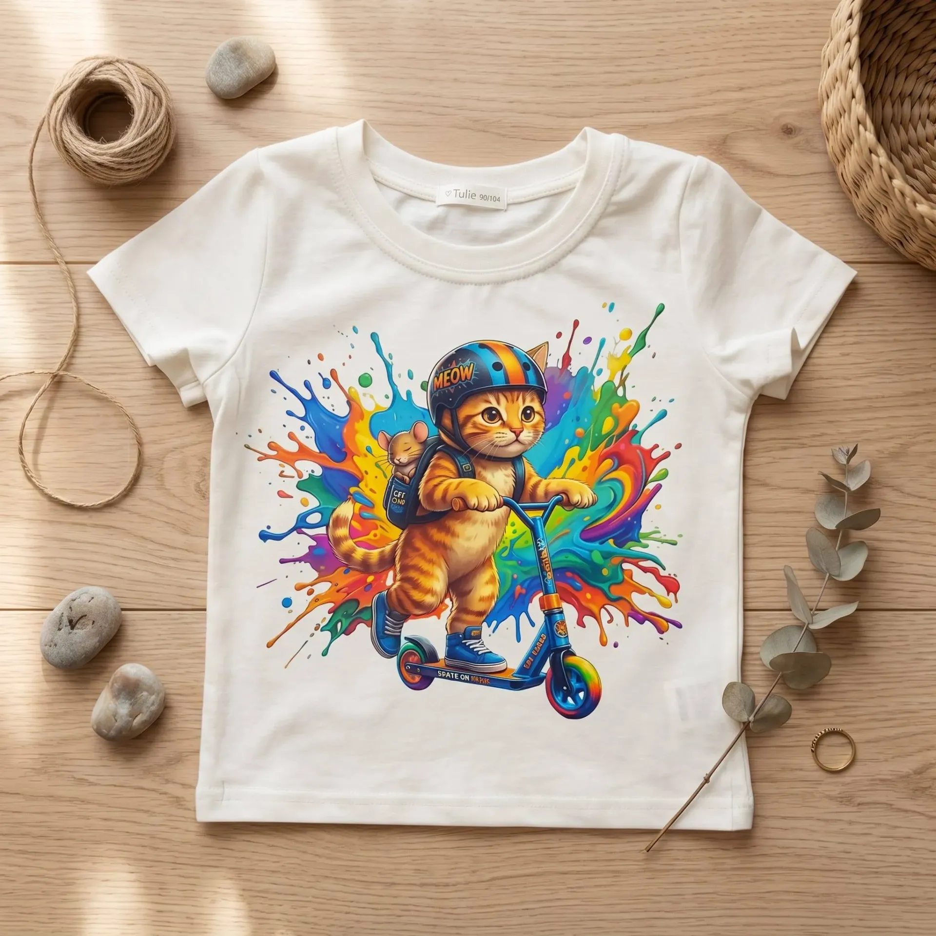 Dziewczęcy T-shirt regular fit kot na hulajnodze – kolorowy nadruk – ecru