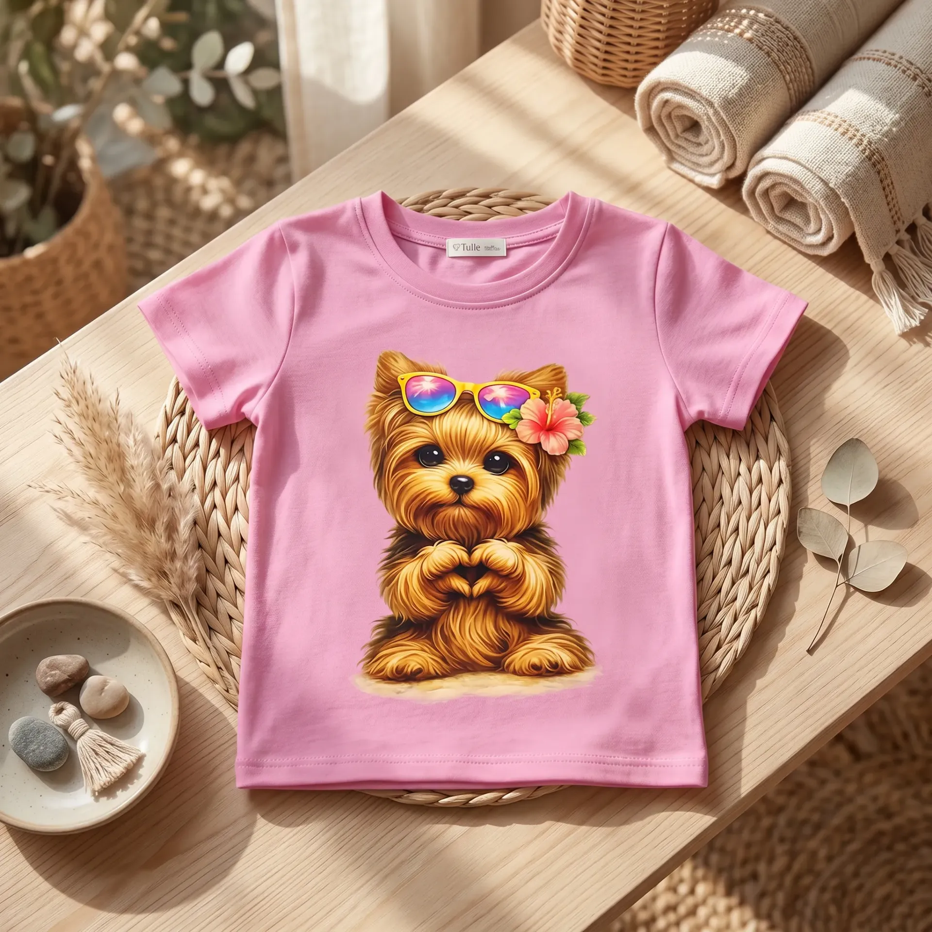 Girls T-shirt with cute dog and sunglasses – colorful print – pink