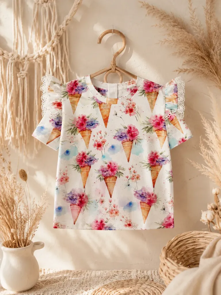 Girls T-shirt with flowers and ice cream print