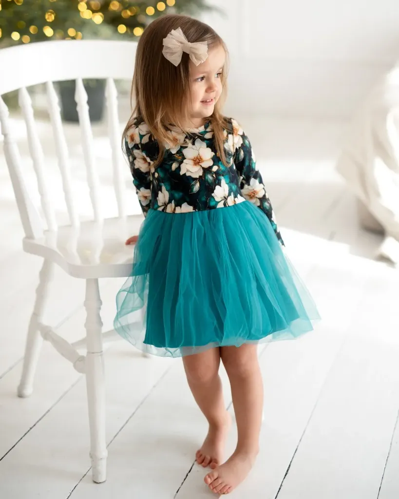 Girls dress with floral print and tulle skirt