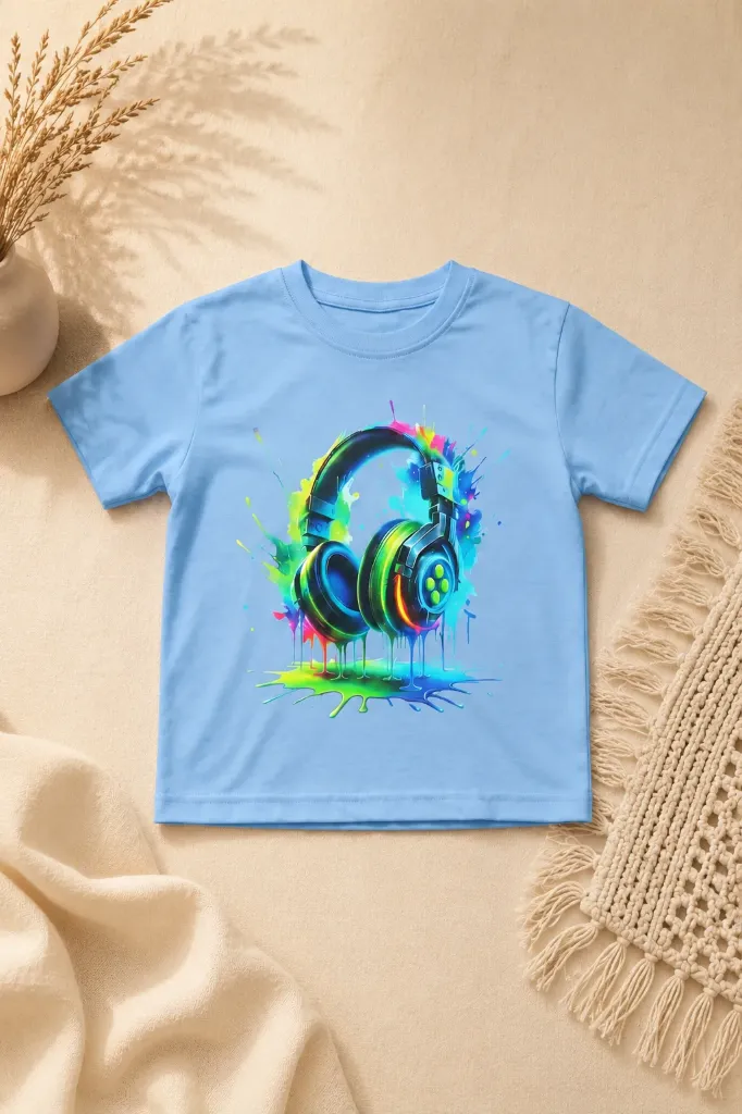 Kids T-shirt with neon headphones print – light blue