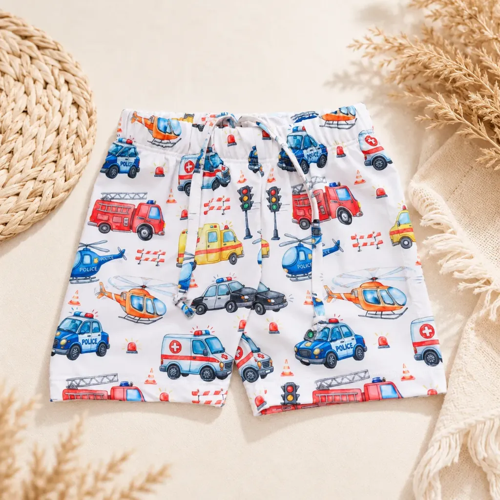Boys Swim Shorts with Rescue Vehicles Print + Storage Bag (98)