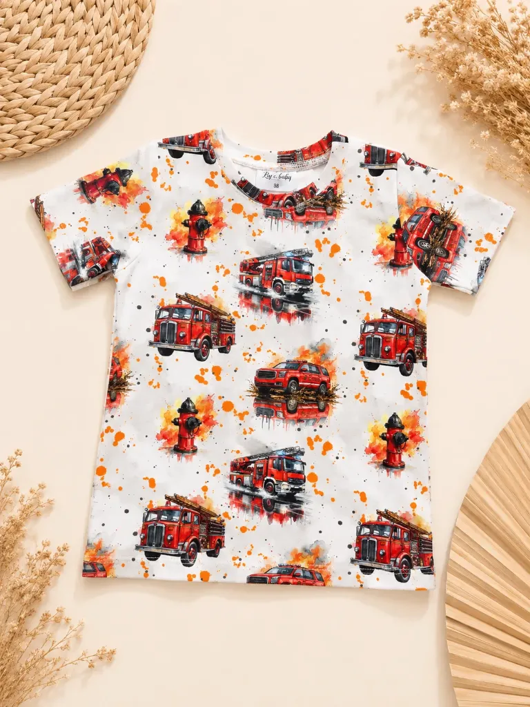 White kids T-shirt with fire truck print
