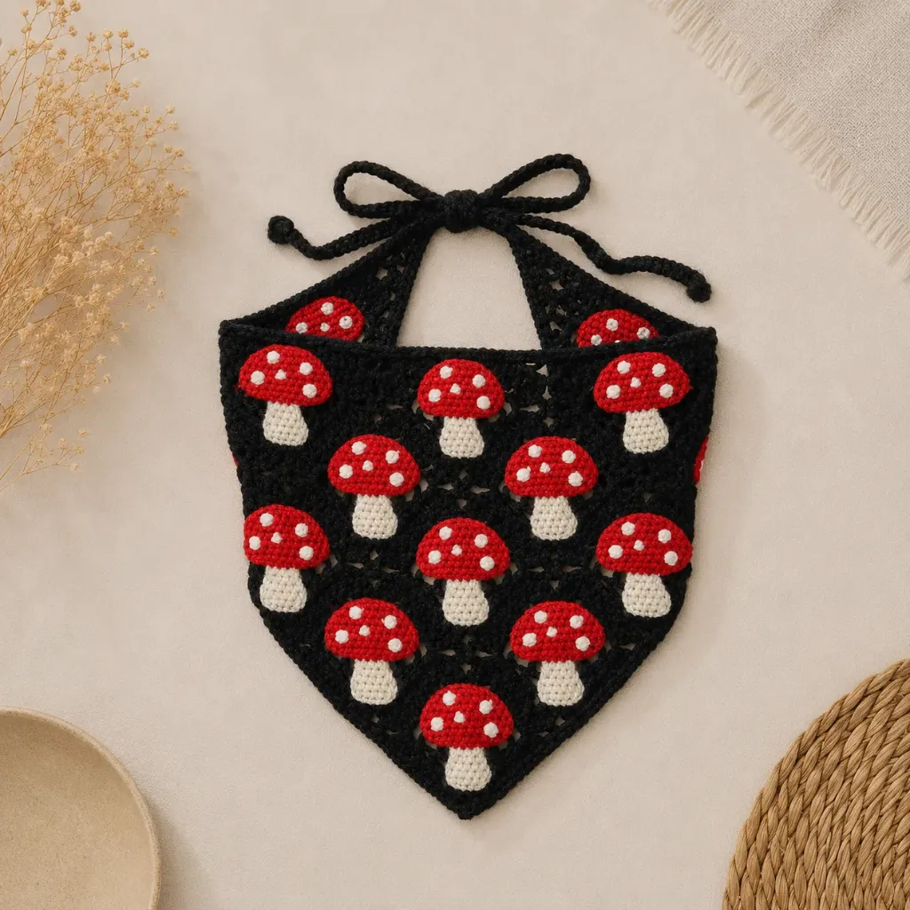 Gehaakte katoenen kinder bandana met paddenstoelen