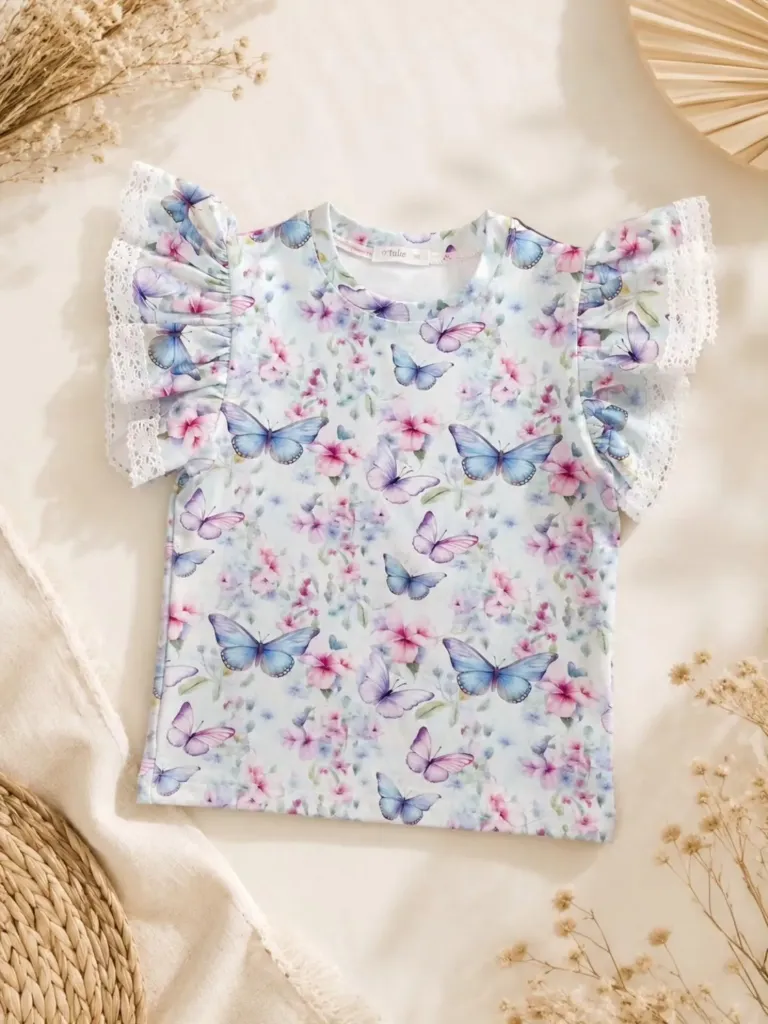 Girls Butterfly Blouse with Lace Ruffle Sleeves