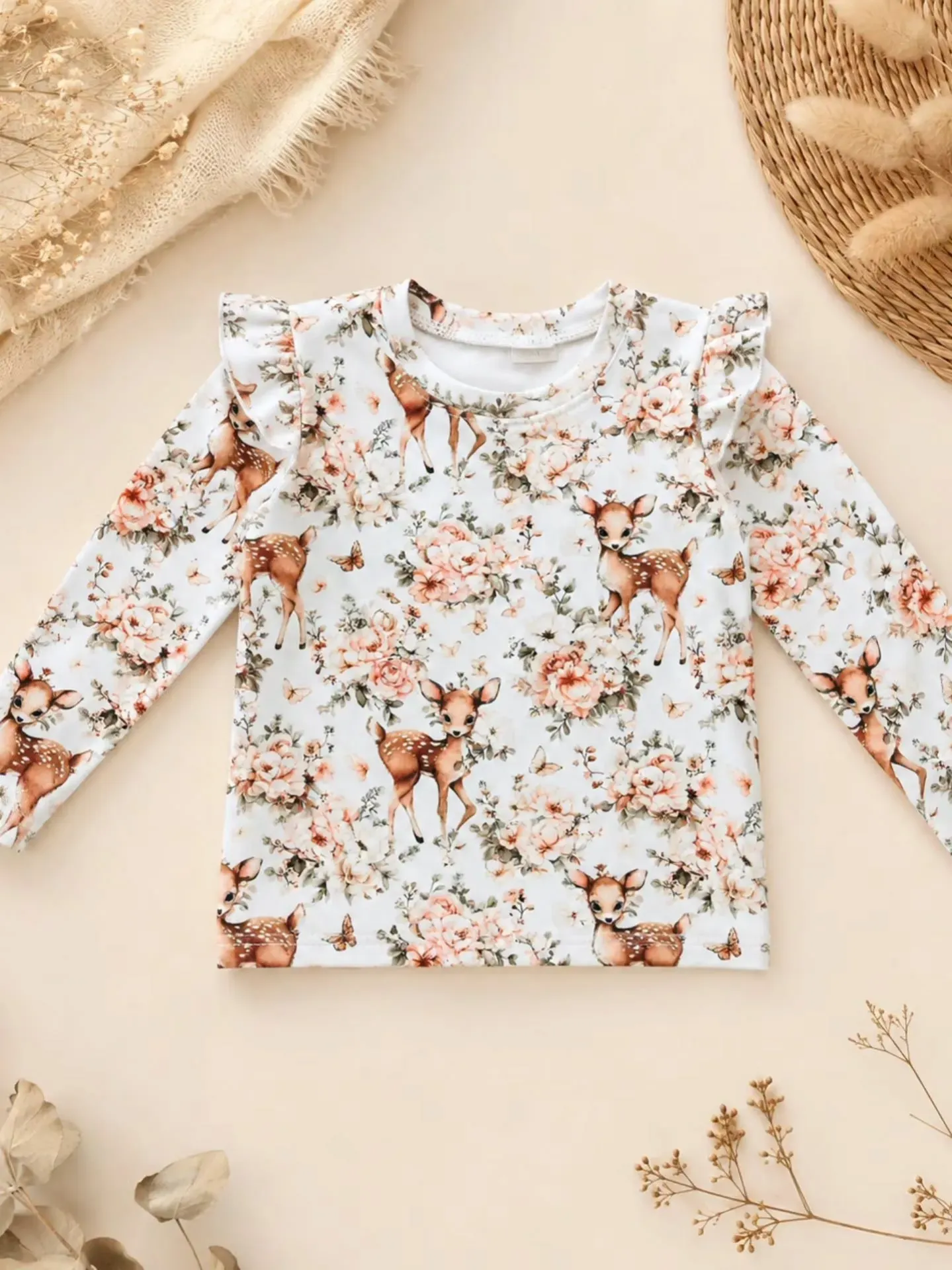 Girls’ Deer & Floral Top with Ruffle Shoulders