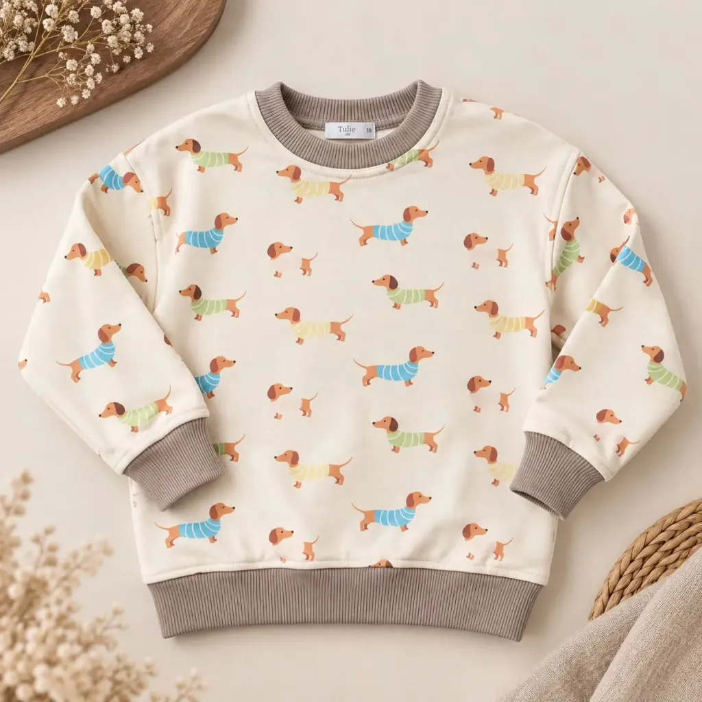 Cream Kids Sweater with Dachshund Print