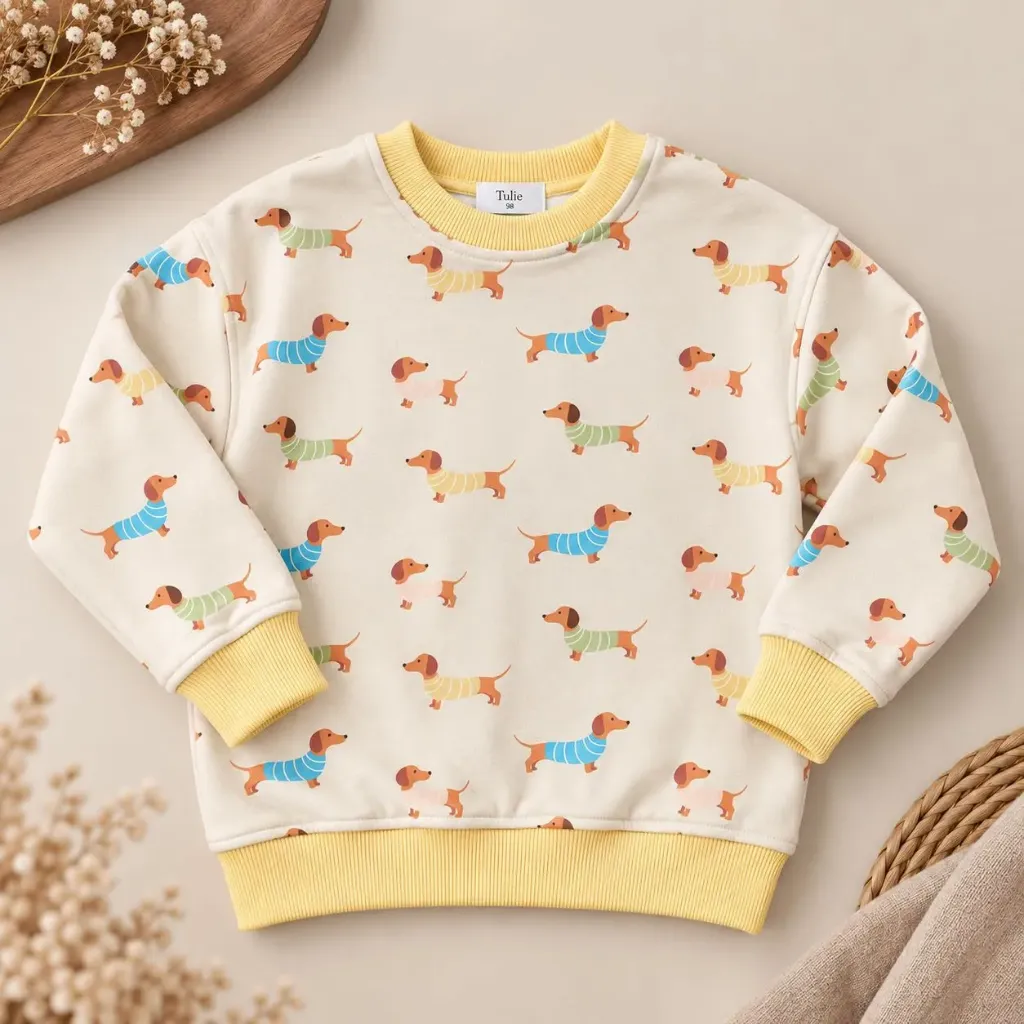 Kinder Sweater Crème met Teckelprint en Gele Boorden