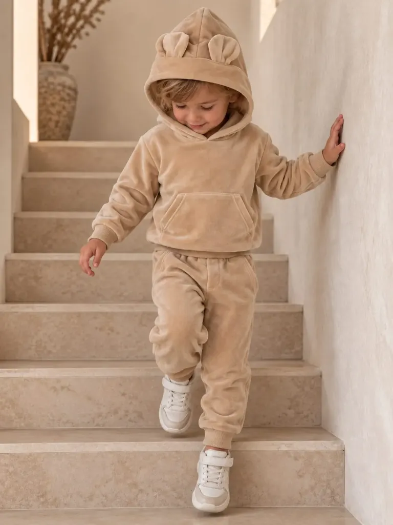 Beige Velours Kinder Set – Hoodie met Oortjes & Broek