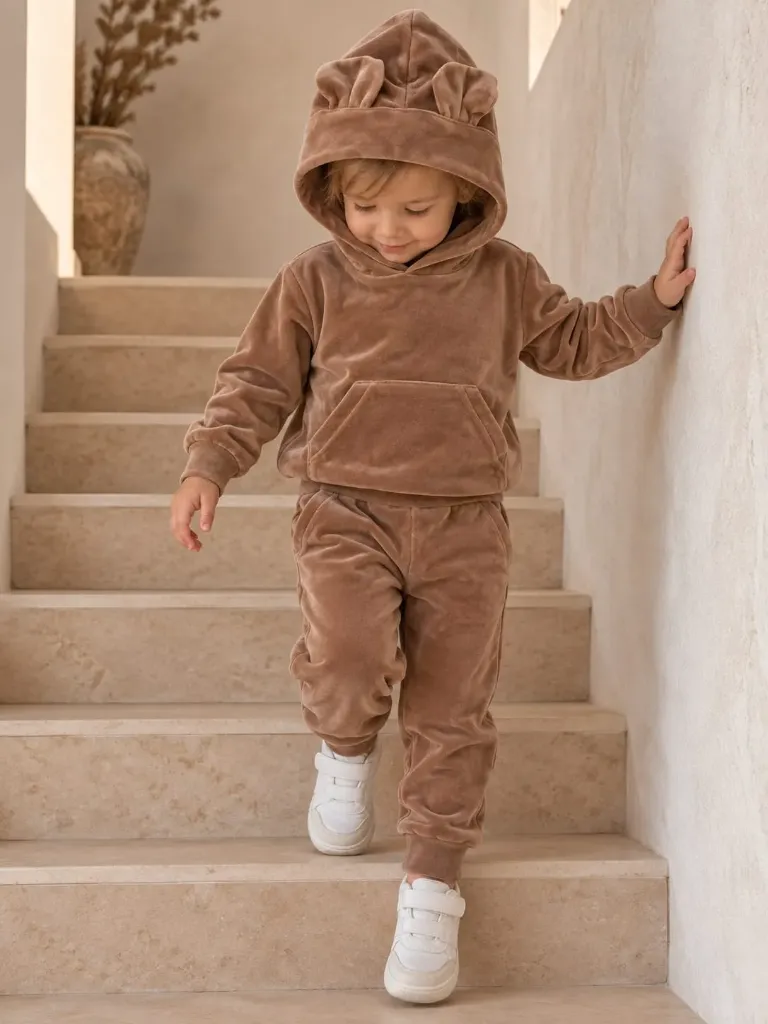 Brown Velour Baby & Kids Set – Hoodie with Cute Ears and Trousers