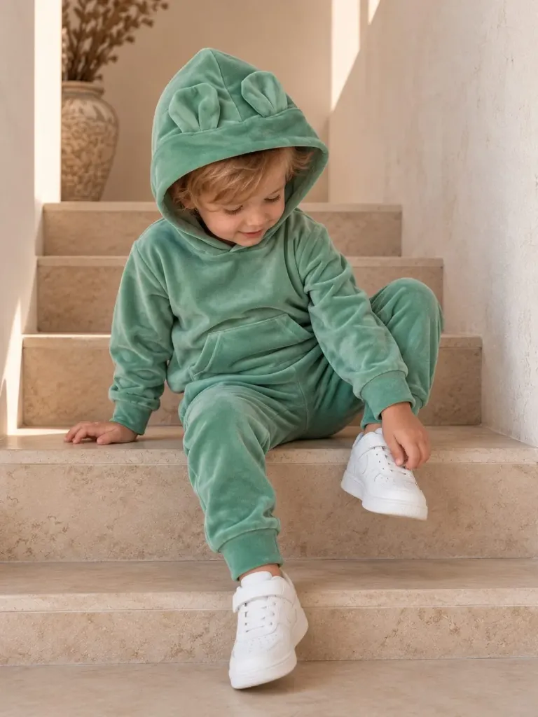 Groene Velours Baby & Kinder Set – Hoodie met Oortjes en Broek