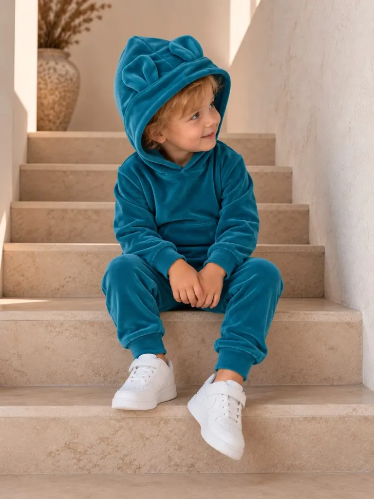 Turquoise Velour Baby & Kids Set – Hoodie with Cute Ears and Trousers
