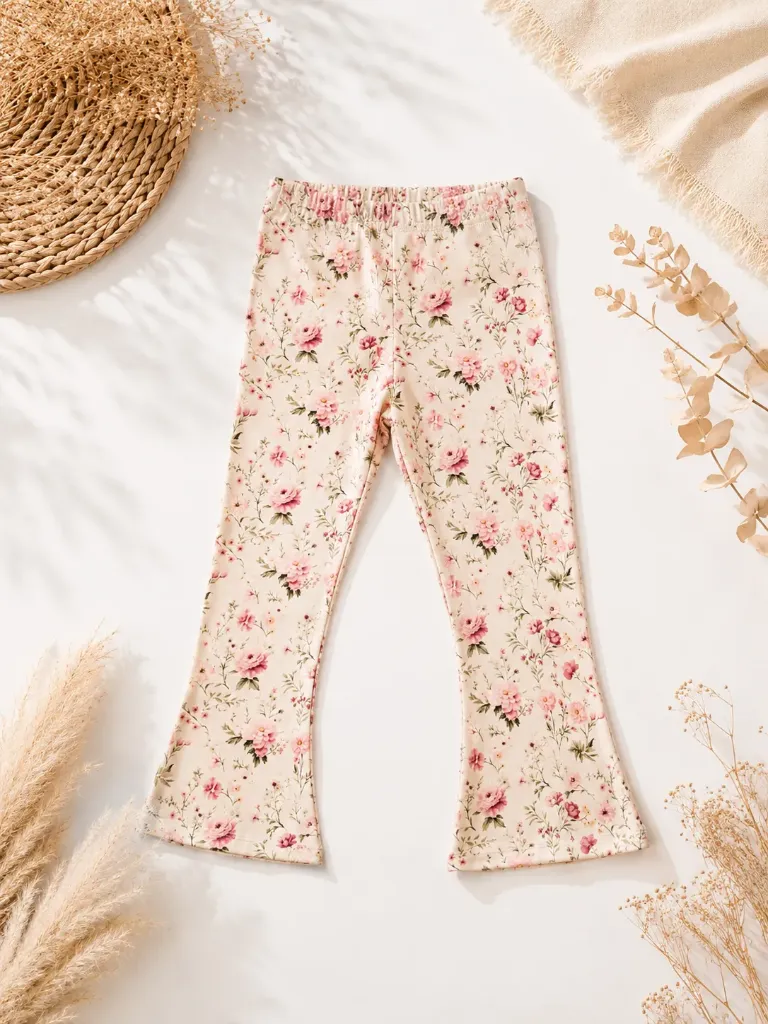 Meisjes Flared Broek met Roze Bloemen Print
