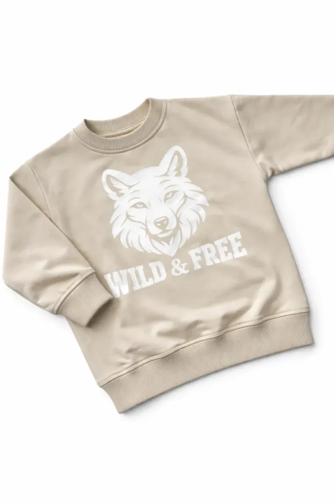 Beige Kindersweater met Wolfprint – Wild & Free (86/92)