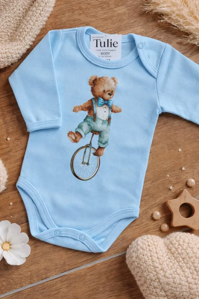 Baby romper blue – bear on bike (56)