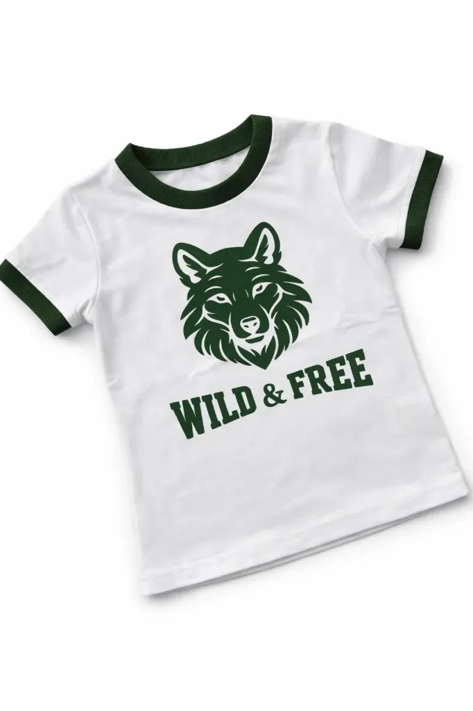 White Kids T-shirt with Green Wolf Print – Wild & Free (86/92)