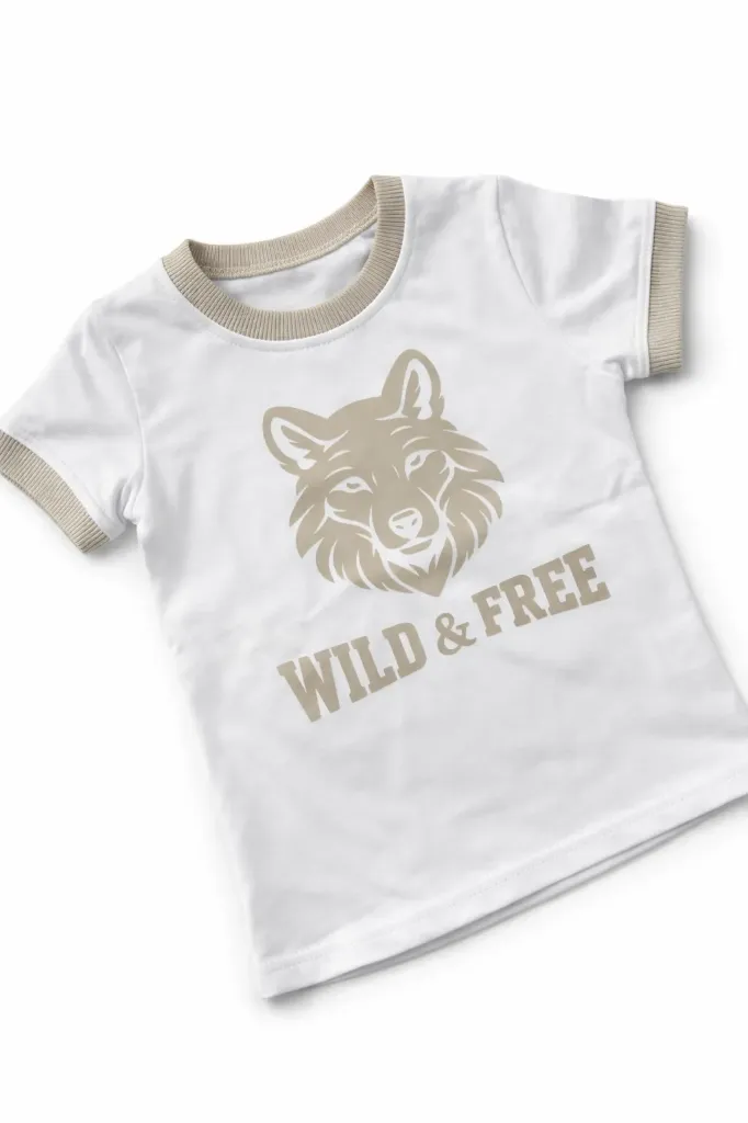 White Kids T-shirt with Beige Wolf Print – Wild & Free (86/92)