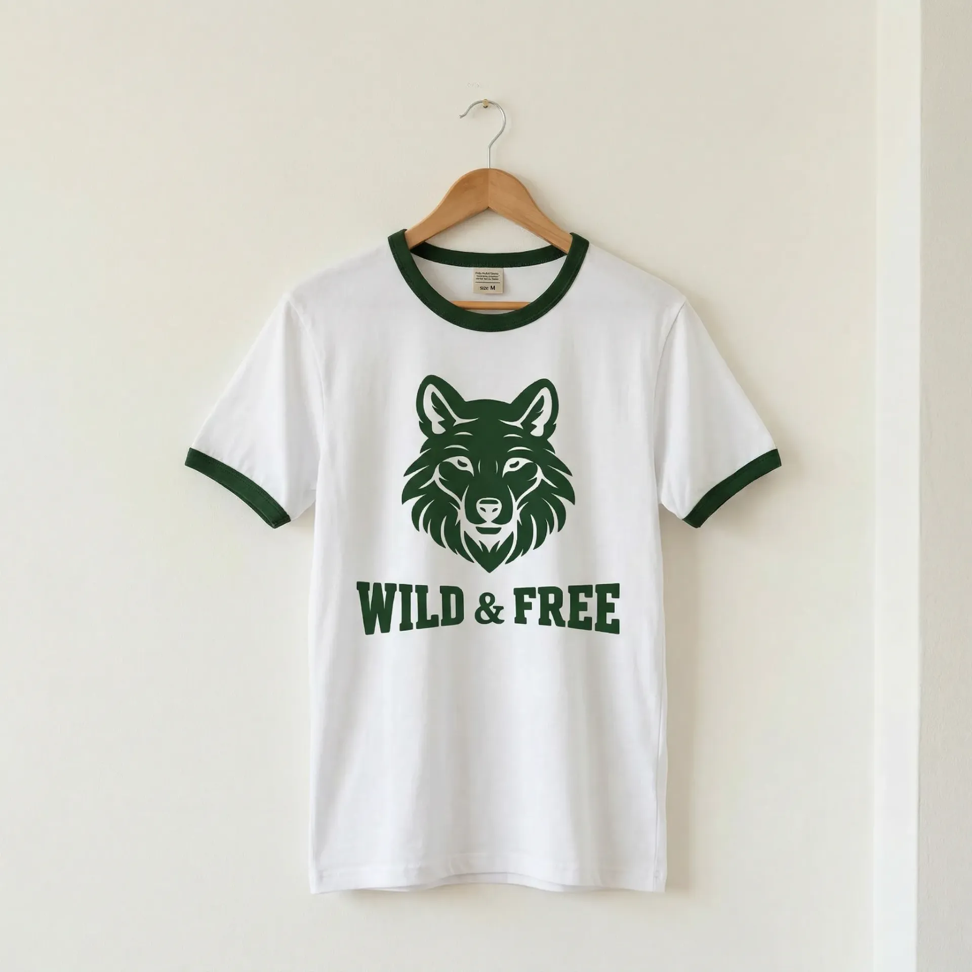 Biała koszulka męska z zielonym wilkiem – Wild & Free (M)