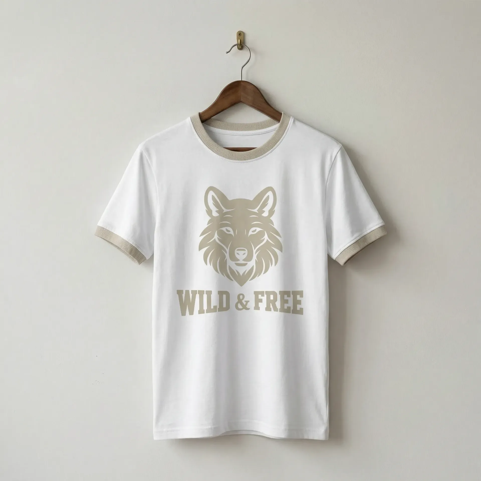 White Men’s T-shirt with Beige Wolf Print – Wild & Free (M)