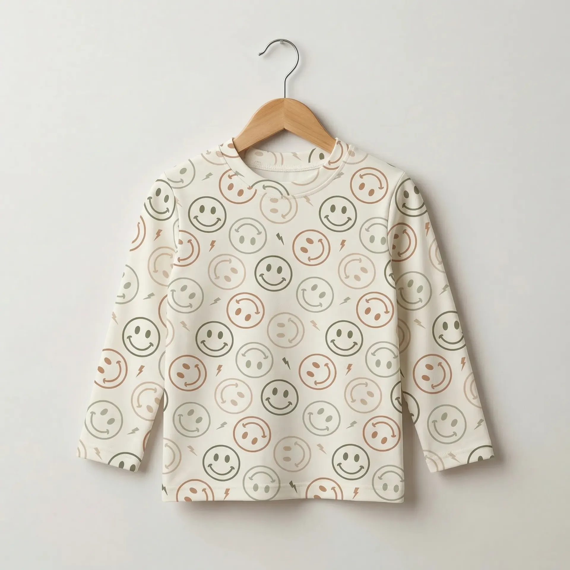 Beige Kids Long Sleeve T-shirt with Smiley Print (86)