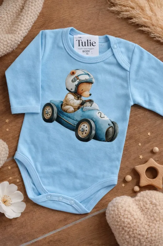 Baby romper blauw – beer in auto (56)