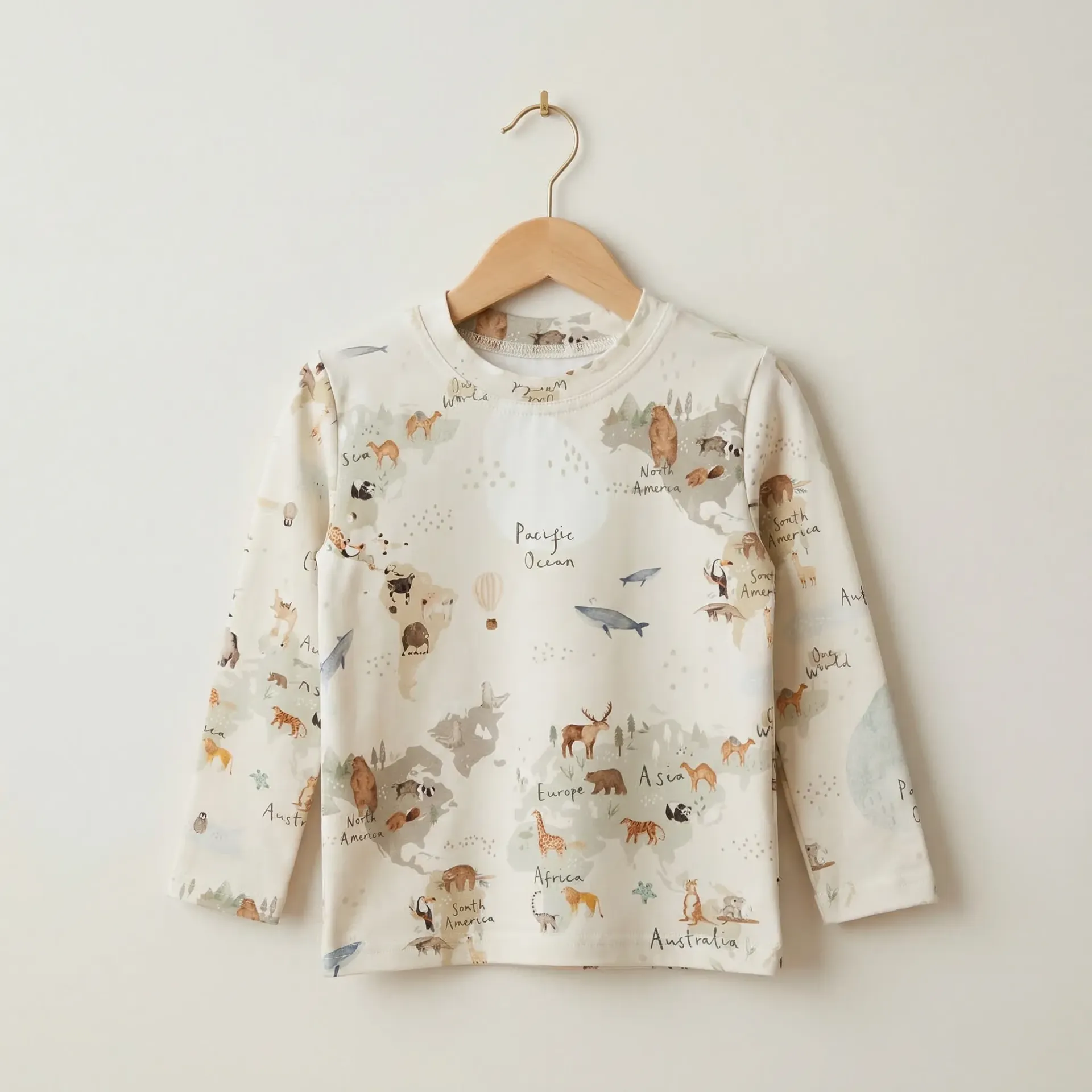 Beige Kinder Longsleeve met Wereldkaart en Dieren Print (86)