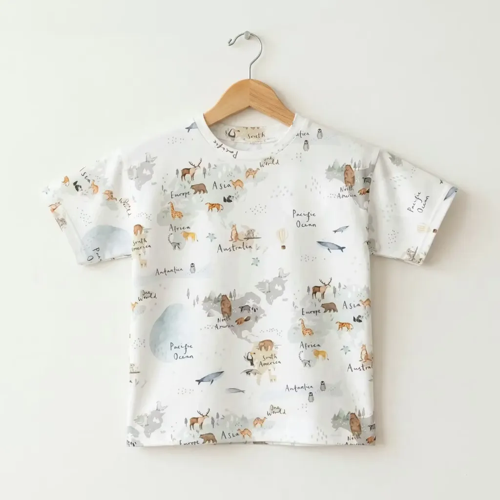 Dziecięcy T-shirt bawełniany z nadrukiem mapy świata