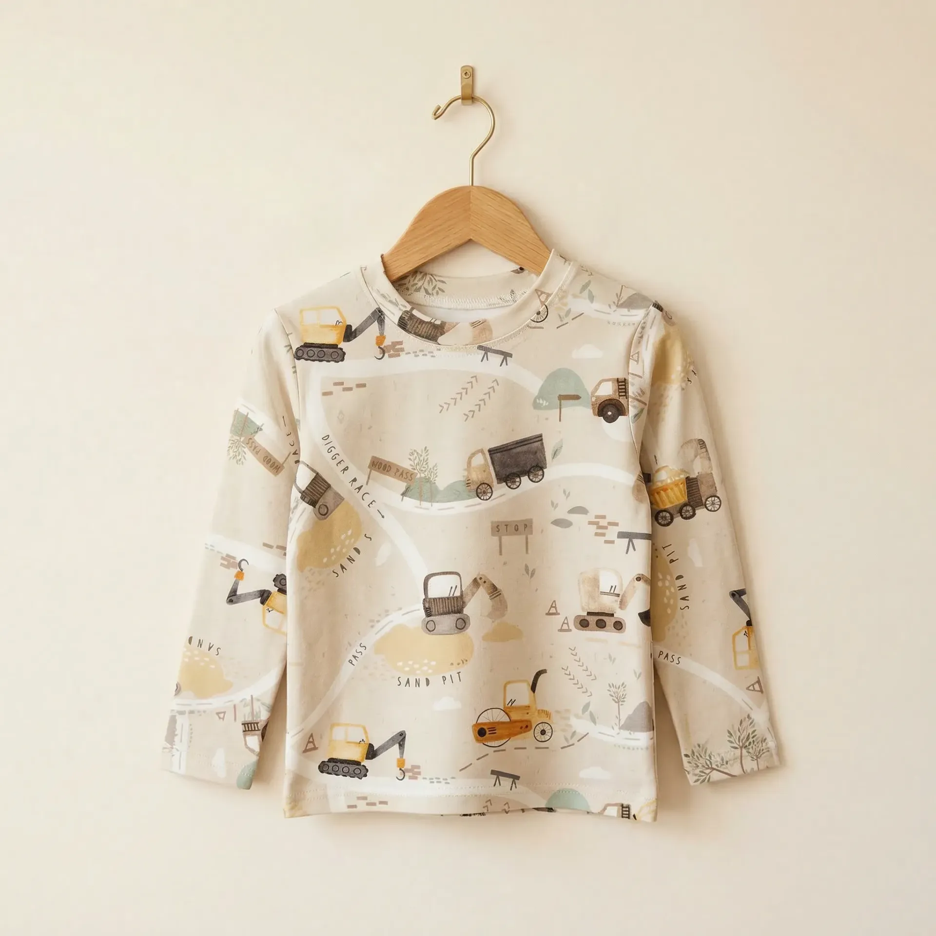 Kinder longsleeve met graafmachine print – beige