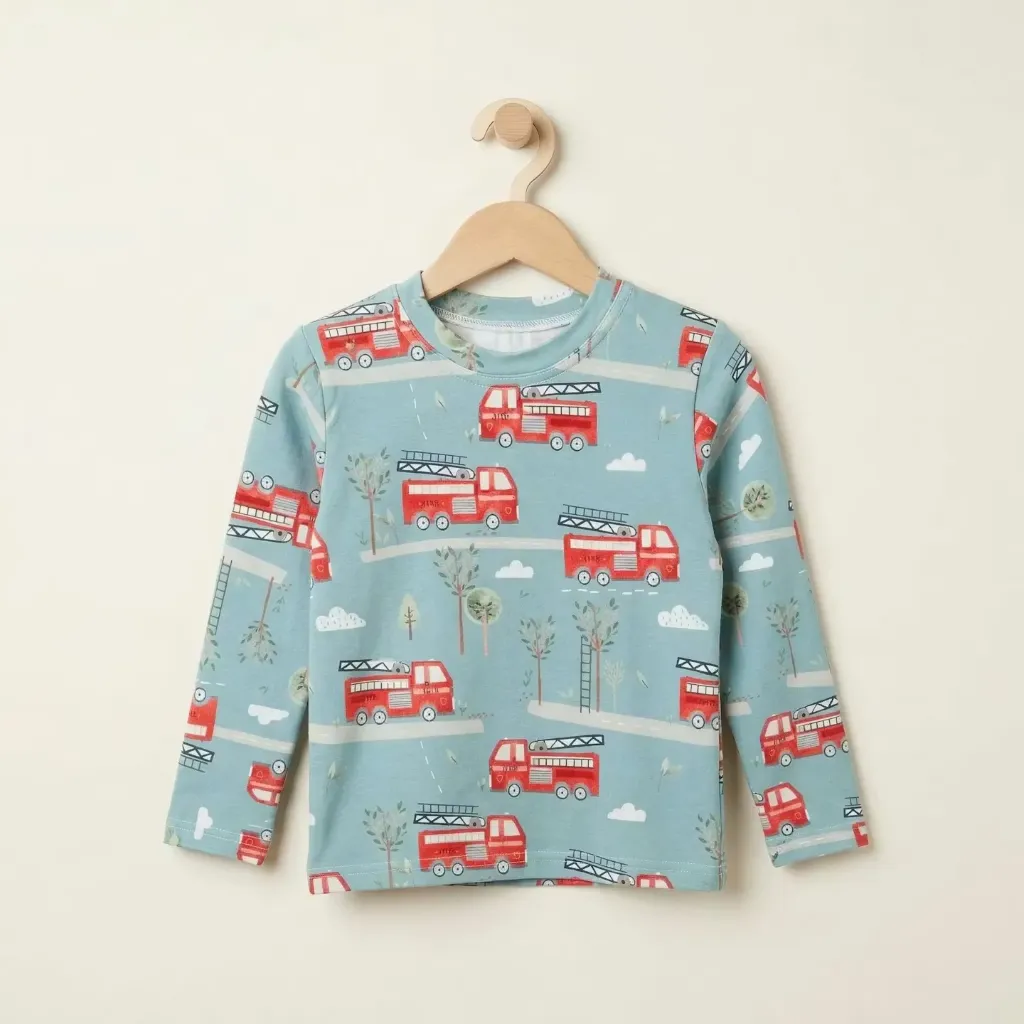Kids long sleeve T-shirt with fire truck print – blue