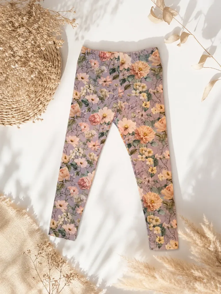 Legginsy dziewczęce w kwiaty – liliowe