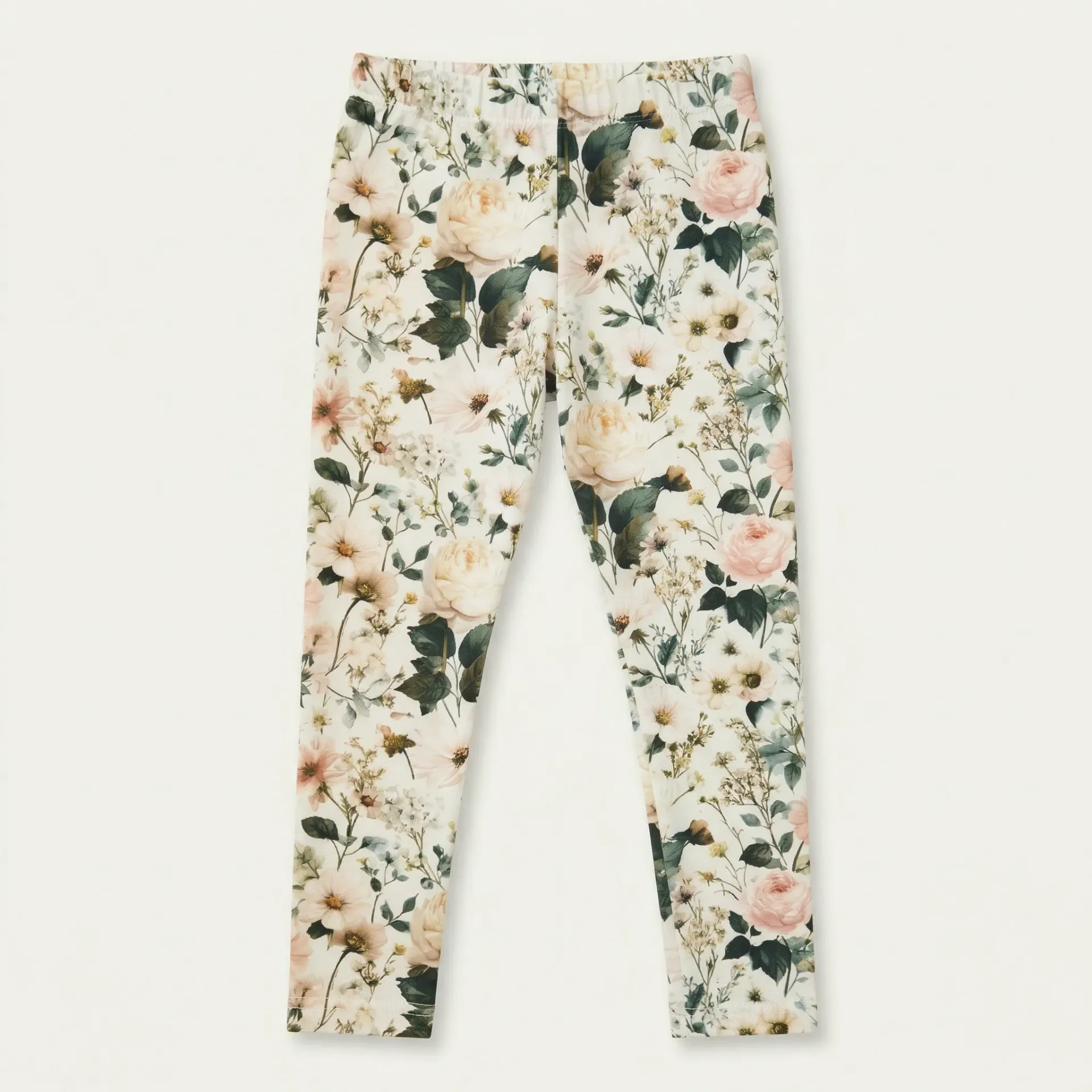 Legginsy dziewczęce w kwiaty – beżowo-zielone