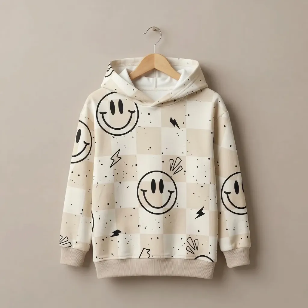 Kids hoodie with smiley print – beige