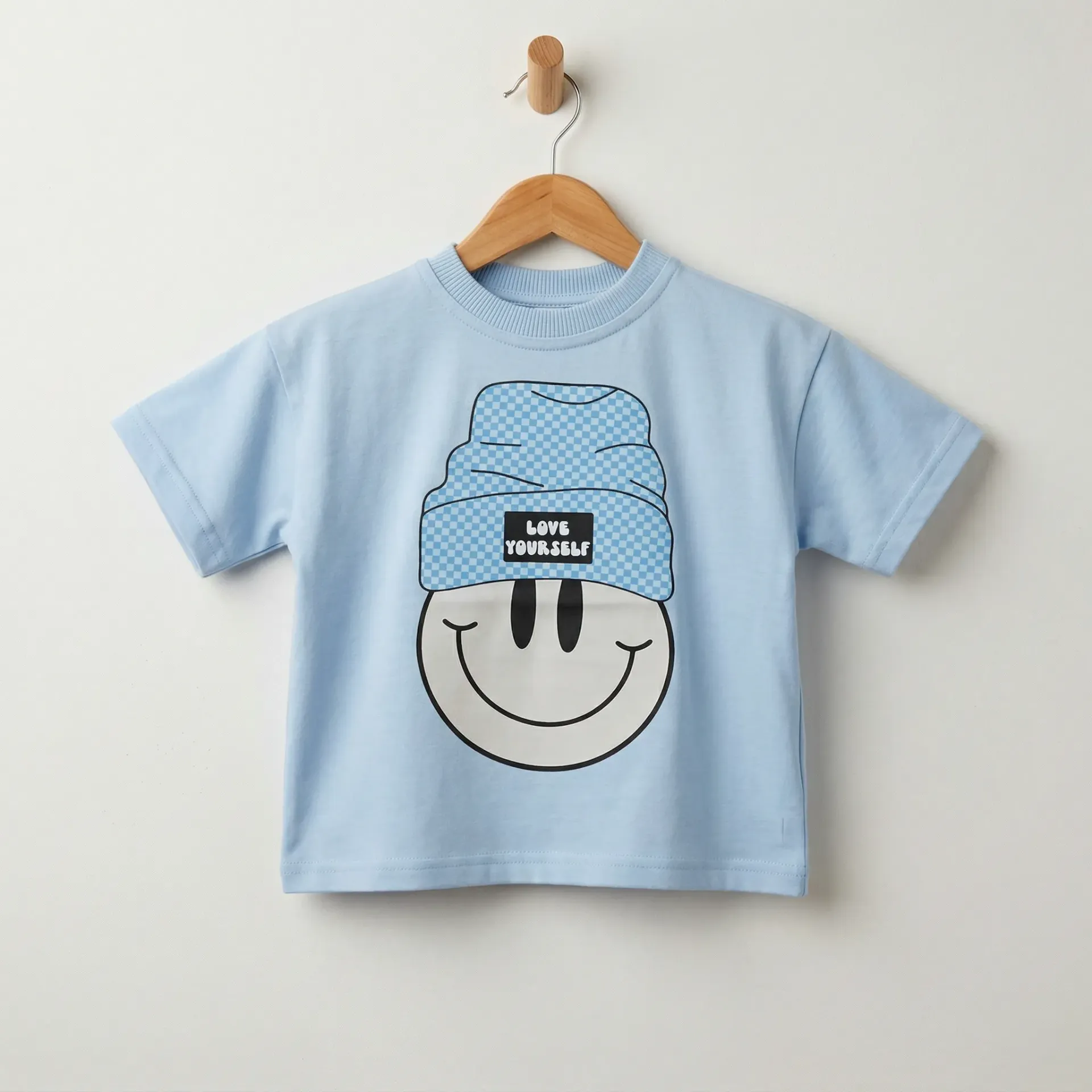 Niebieski oversize T-shirt dziecięcy ze smiley – Love Yourself