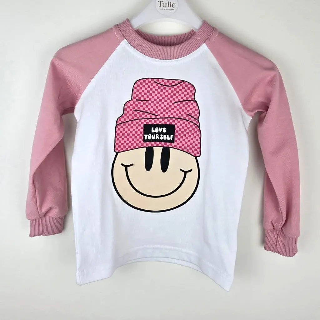 Wit-Roze Kinder Longsleeve met Smiley – Love Yourself