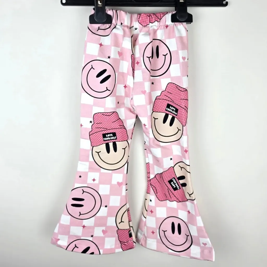 Roze Kinder Flared Leggings Smiley All-Over Print Katoen
