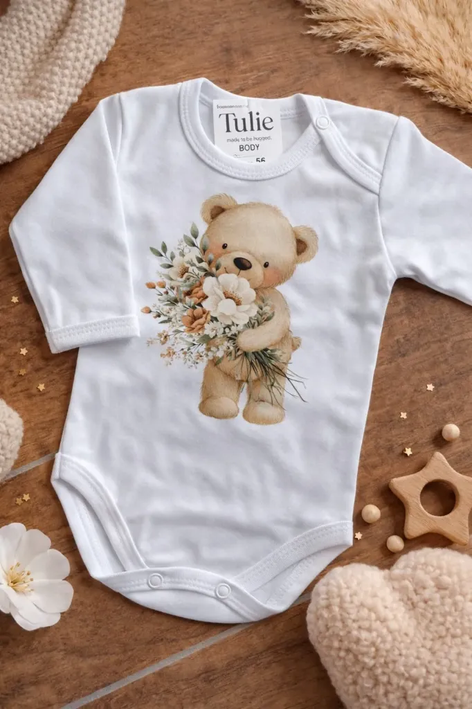 Witte baby romper met beer bloemen print 100% katoen