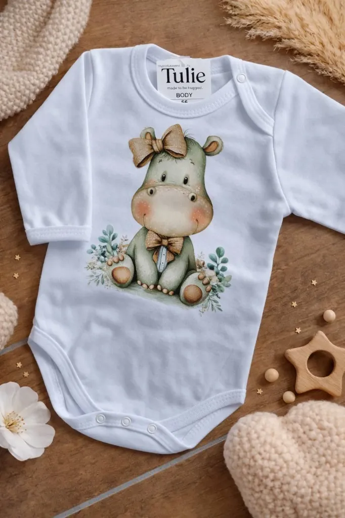 Witte baby romper met nijlpaard print 100% katoen