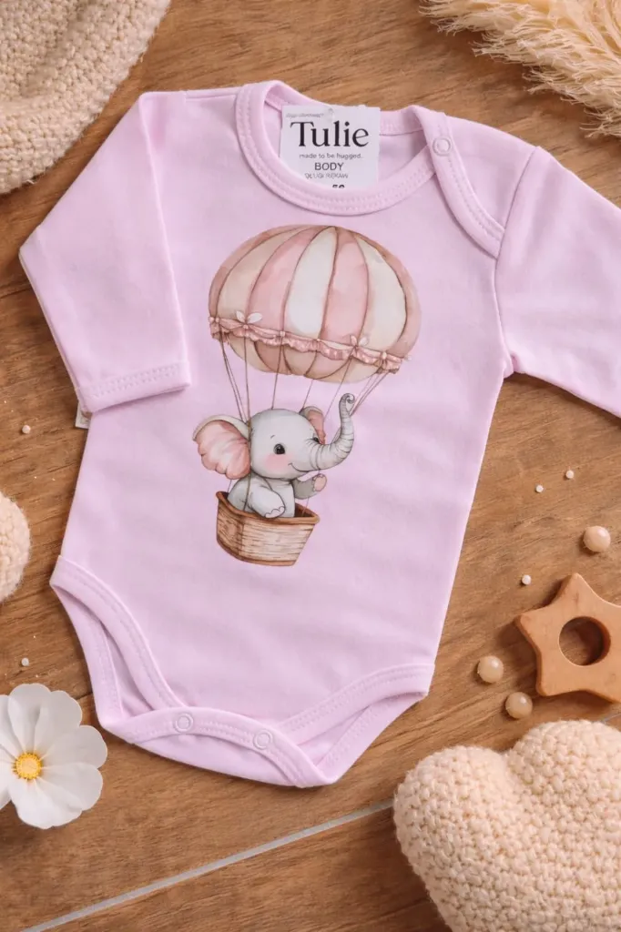 Roze baby romper met olifant ballon print katoen – meisjes