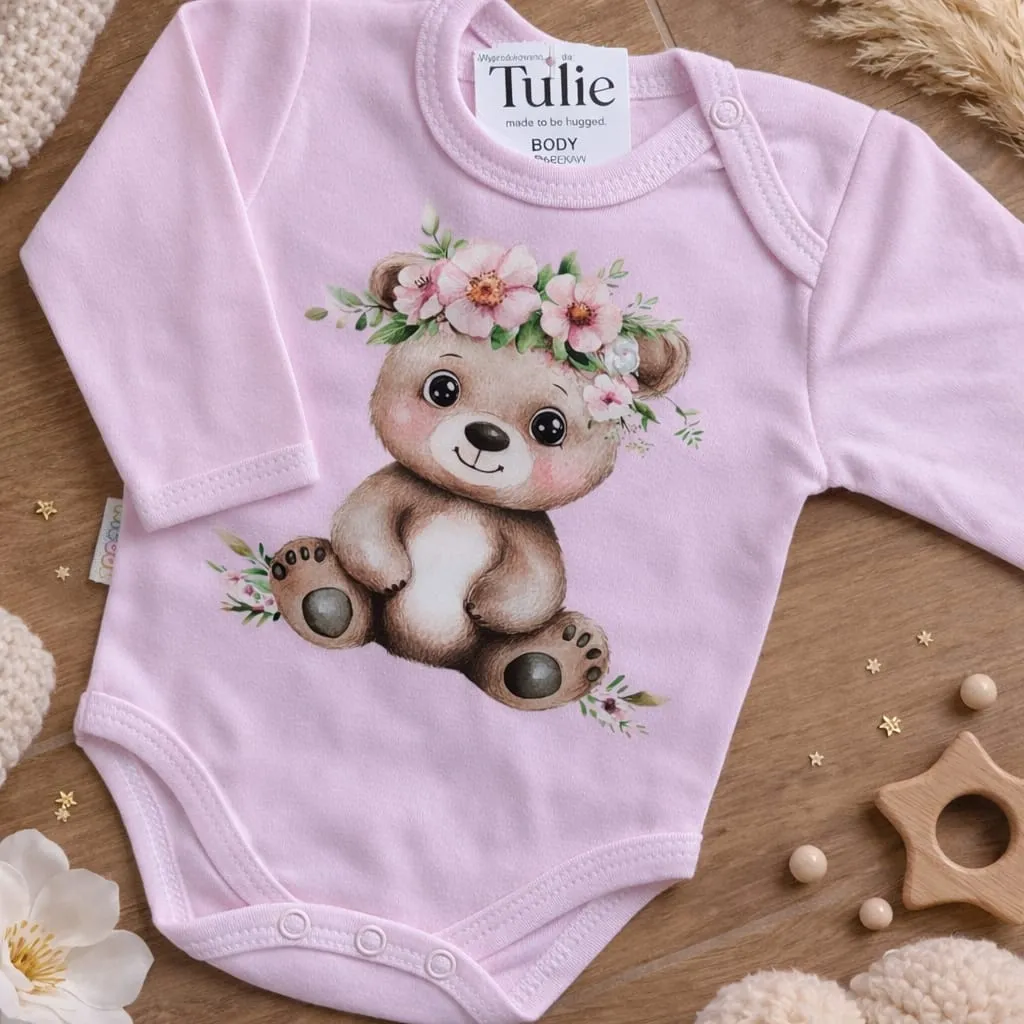 Roze baby romper met beer bloemen print katoen – meisjes