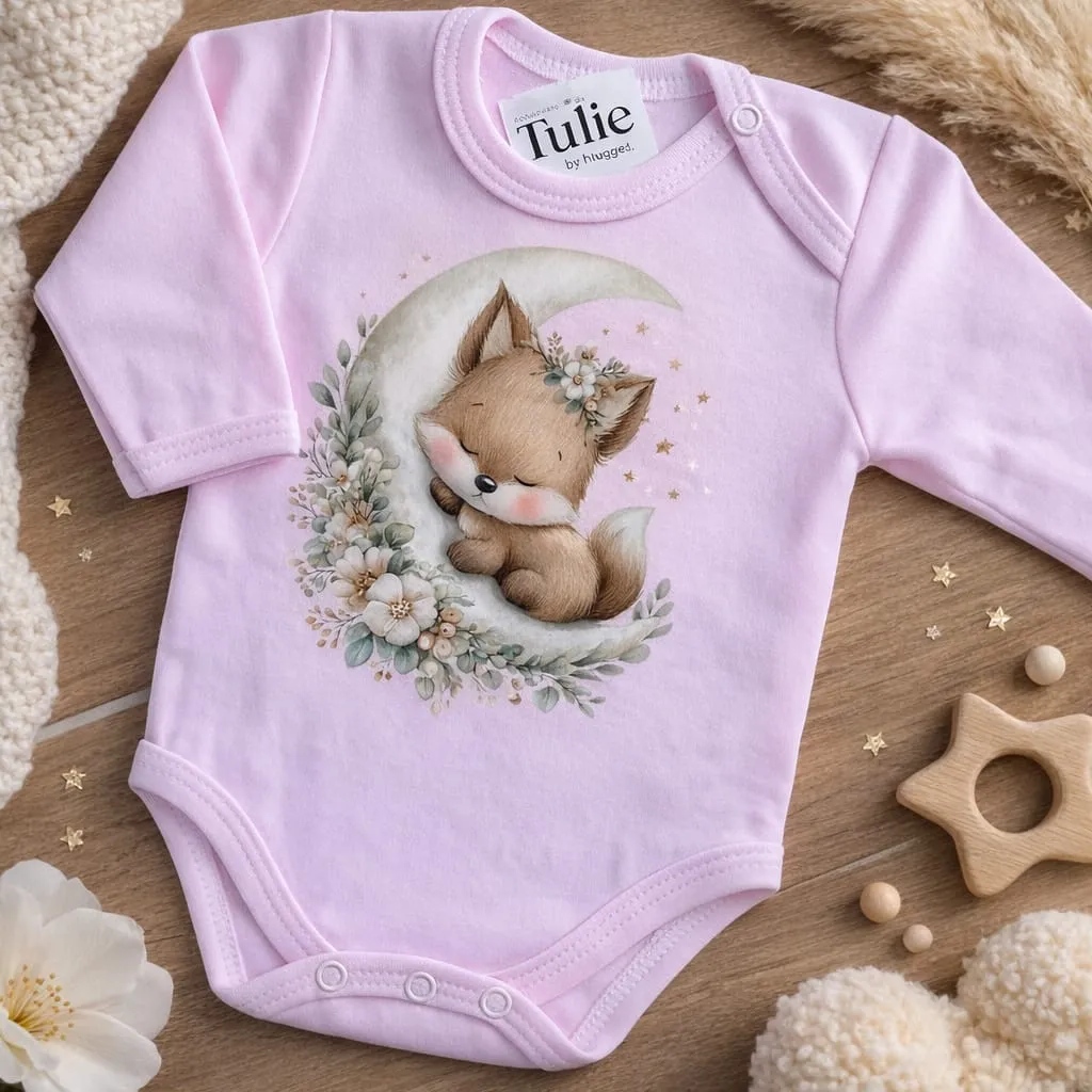 Roze baby romper met vos maan print katoen – meisjes