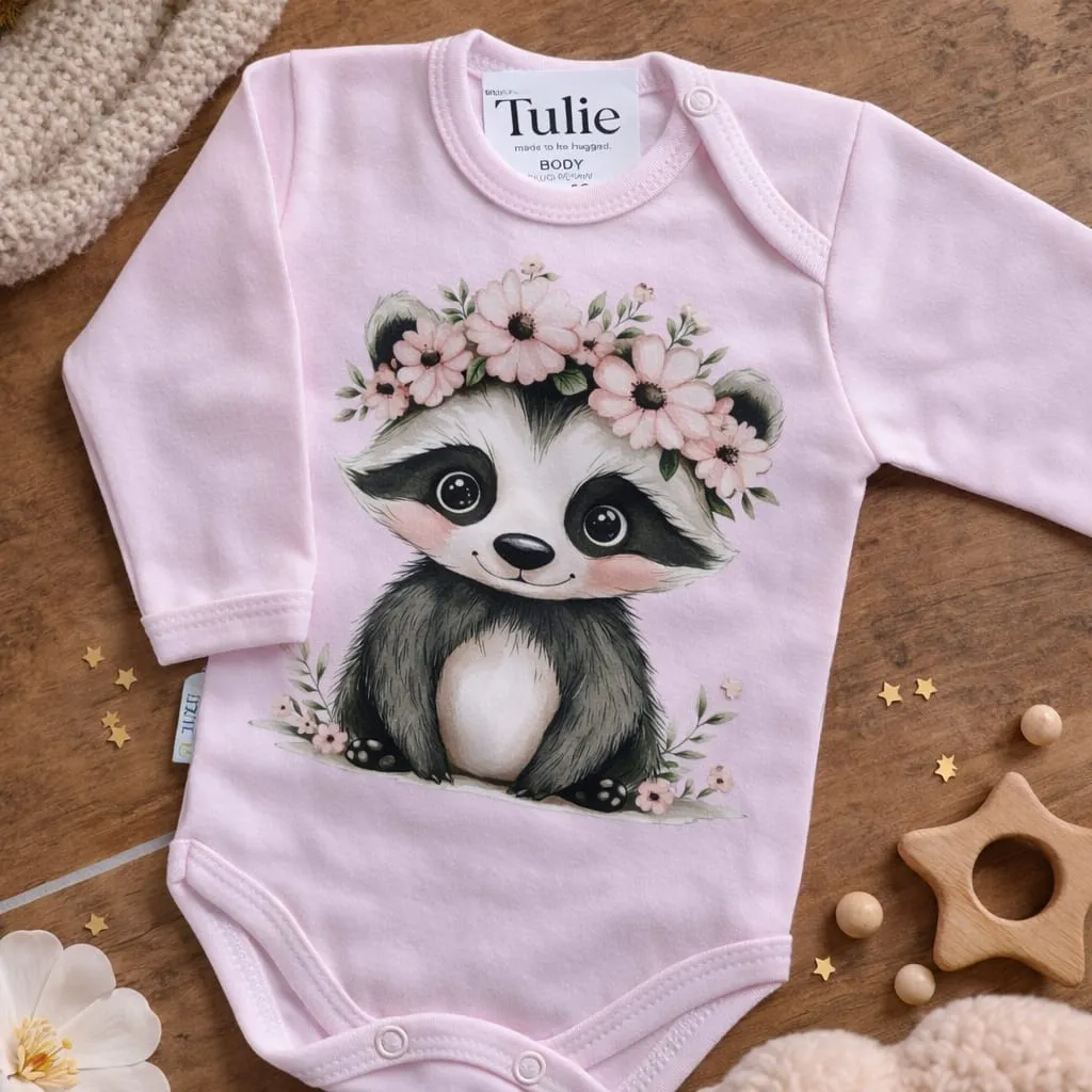 Roze baby romper met wasbeer bloemen print katoen – meisjes