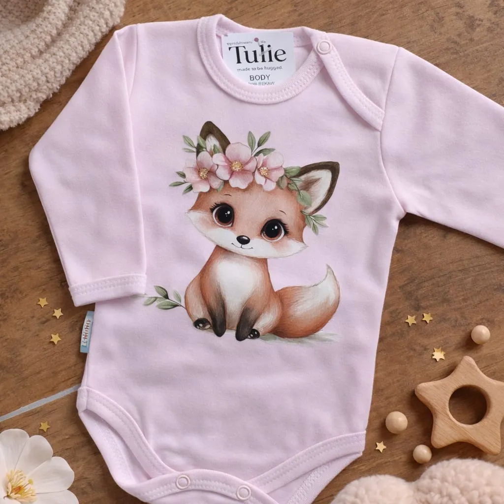 Pink baby bodysuit with fox floral print cotton – girls