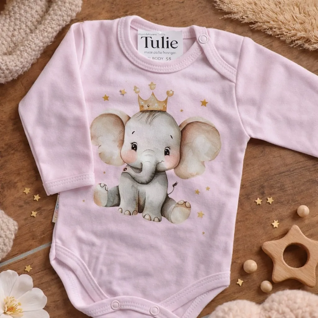 Pink baby bodysuit with elephant crown print cotton – girls