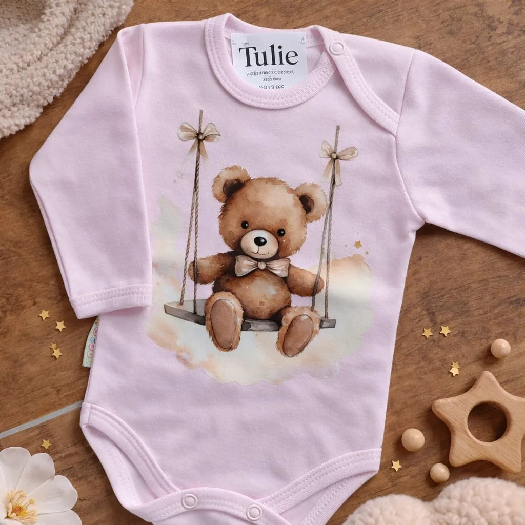 Pink baby bodysuit with teddy bear swing print cotton – girls