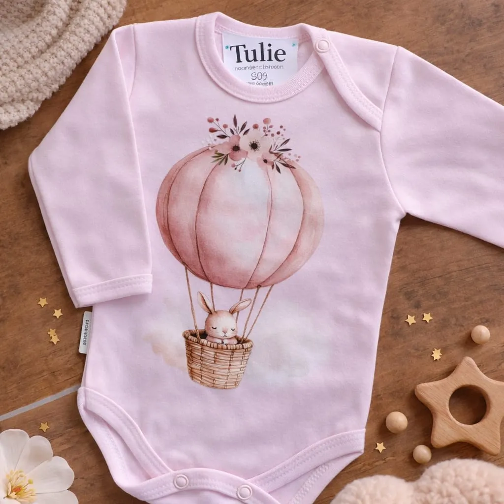 Roze baby romper met luchtballon konijn print katoen – meisjes