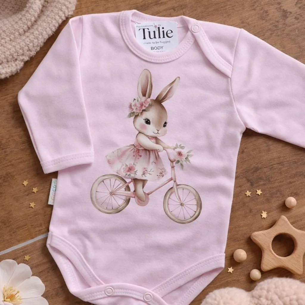 Roze baby romper met konijn fiets print katoen – meisjes